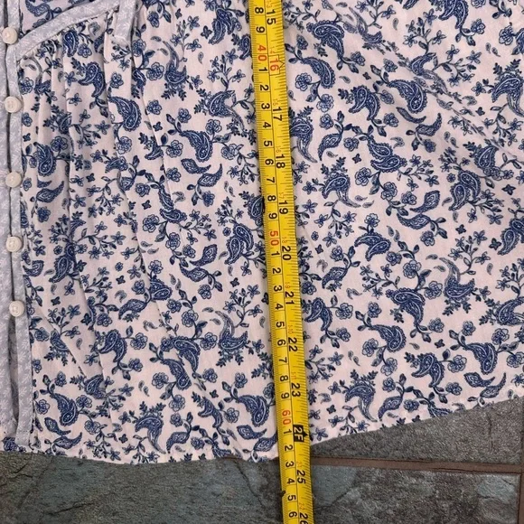OLD NAVY Top Womens L Peasant Floral Blouse Button Up Balloon Sleeve Blue White - Picture 7 of 7